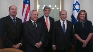 US State of Secretary John Kerry (center) poses for a group picture with, from left to right, Defense Minister Boogie Yaalon, Minister of International Relations Yuval Steinitz, Prime Minister Benjamin Netanyahu and Minister of Justice Tzipi Livni, at Netanyahu's office in Jerusalem on May 23, 2013. (photo credit: Marc Israel Sellem/Pool/Flash90) US State of Secretary John Kerry (center) poses for a group picture with, from left to right, Defense Minister Boogie Yaalon, Minister of International Relations Yuval Steinitz, Prime Minister Benjamin Netanyahu and Minister of Justice Tzipi Livni, at Netanyahu's office in Jerusalem on May 23, 2013. (photo credit: Marc Israel Sellem/Pool/Flash90)