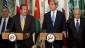 US Secretary of State John Kerry, second from right, with the Arab League lead by Qatar's Prime Minister and Foreign Minister Hamad bin Jassim bin Jabr Al-Thani, second from left, and Arab League Secretary-General Nabil Elaraby speaks to the media following their meeting at Blair House in Washington, Monday, April 29 (photo credit: AP/Manuel Balce Ceneta)