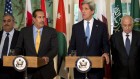 US Secretary of State John Kerry, second from right, with the Arab League lead by Qatar's Prime Minister and Foreign Minister Hamad bin Jassim bin Jabr Al-Thani, second from left, and Arab League Secretary-General Nabil Elaraby speaks to the media following their meeting at Blair House in Washington, Monday, April 29 (photo credit: AP/Manuel Balce Ceneta) US Secretary of State John Kerry, second from right, with the Arab League lead by Qatar's Prime Minister and Foreign Minister Hamad bin Jassim bin Jabr Al-Thani, second from left, and Arab League Secretary-General Nabil Elaraby speaks to the media following their meeting at Blair House in Washington, Monday, April 29 (photo credit: AP/Manuel Balce Ceneta)