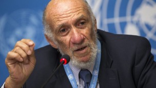 Richard Falk speaking in Geneva Tuesday.  (photo credit: AP/Keystone, Salvatore Di Nolfi)