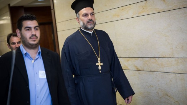 Father Gabriel Naddaf, right, seen at the Knesset on May 9, 2016. (Hadas Parush/Flash90) 