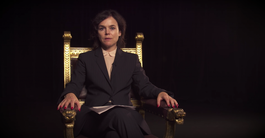 Pia Maria Roll in a video staged to appear like a Norway National Theater statement boycotting cooperation with Israel's Habima, uploaded September 22, 2016. (screen capture: YouTube)