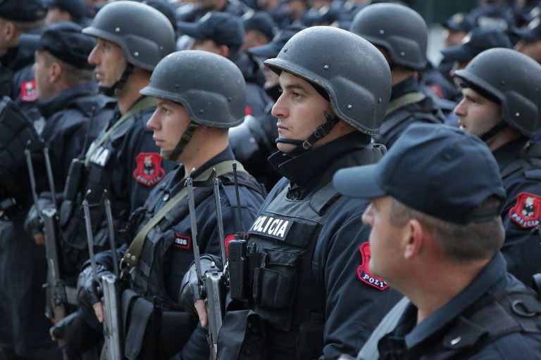 Albanian special policemen take part in a security briefing at the Elbasan Arena stadium before the 2018 World Cup group G qualifying football match between Albania and Israel, in Elbasan on November 12, 2016. (AFP PHOTO / GENT SHKULLAKU Albanian special policemen take part in a security briefing at the Elbasan Arena stadium before the 2018 World Cup group G qualifying football match between Albania and Israel, in Elbasan on November 12, 2016. (AFP PHOTO / GENT SHKULLAKU