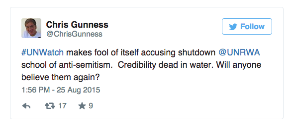 Chris Gunness Tweets in response to UN Watch's observations