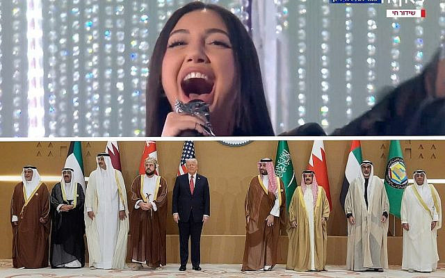 شرح عکس: بالا – یو-وال رافائل از اسرائیل حین اجرای ترانهٔ «روز تازه ای طلوع می کند» در گراند فینال ۶۹مین مسابقهٔ آواز یورویژن، بازل، سوئیس، ۱۷ مه ۲۰۲۵. (Screenshot video courtesy of KAN/EBU).
زیر – دونالد ترامپ رئیس جمهوری ایالات متحده، پنجمی از چپ؛ بهمراه شاهزاده محمد بن سلمان ولیعهد عربستان سعودی، چهارمی از راست؛‌ شیخ خالد ابن محمد ابن زاید آل نحیان ولیعهد امارات متحد عربی، دومی از راست؛ سلمان ابن محمد آل خلیفه ولیعهد و نخست وزیر بحرین، چپ؛‌ شیخ تمیم ابن حماد آل ثانی امیر قطر، سومی از چپ؛‌ مشعل الاحمد الجابر صباح، ولیعهد کویت، دومی از چپ؛ جاسم محمد البدیوی دبیرکل شورای همکاری خلیج، راست؛ در نشست شورای همکاری خلیج،  ریاض، عربستان سعودی، چهارشنبه، ۱۴ مه ۲۰۲۵. 
(AP Photo/Alex Brandon)